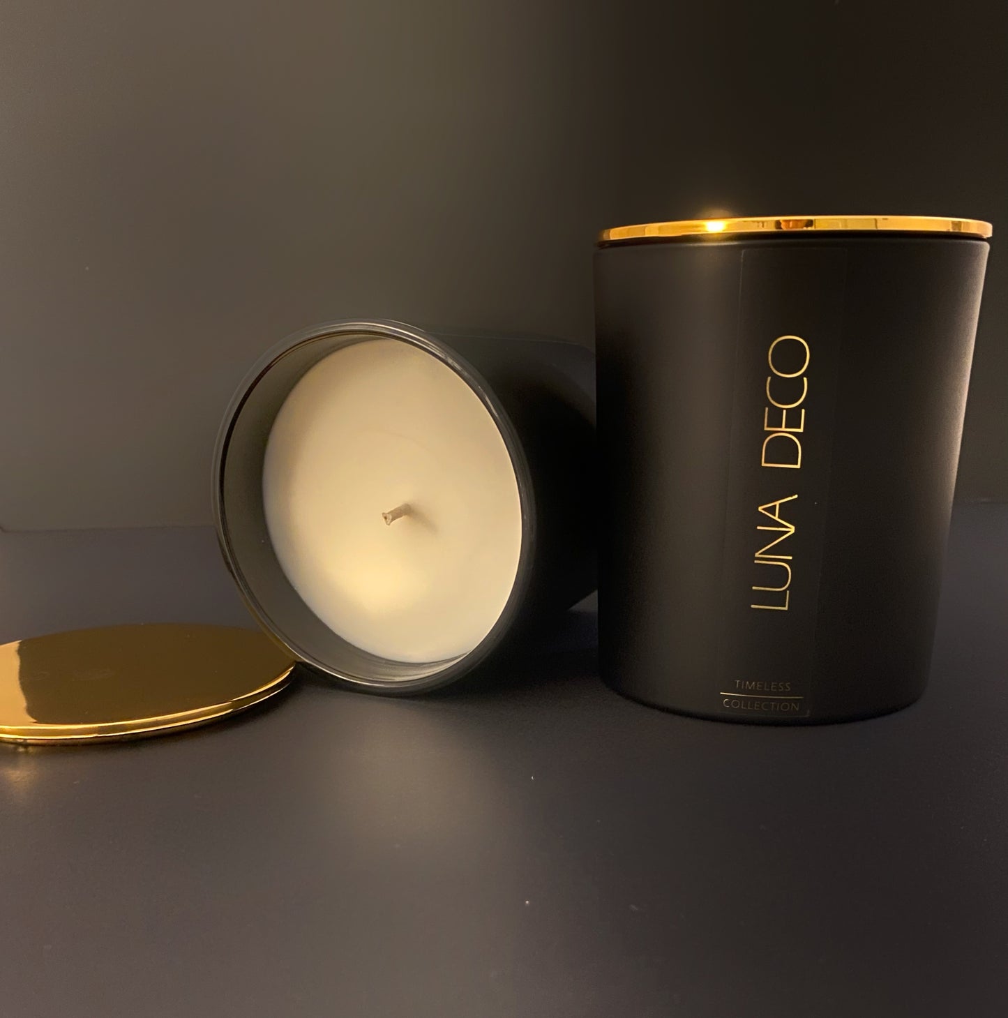 Two black matte candles with LUNA DECO label, professional photo, mood.
Home decor ideas, minimalist style, Australian made soy candle, cozy home, home fragrance, calm and relax, hand-poured soy candles, clean and fresh burn, perfect gift, treat to yourself, stunning decoration piece,